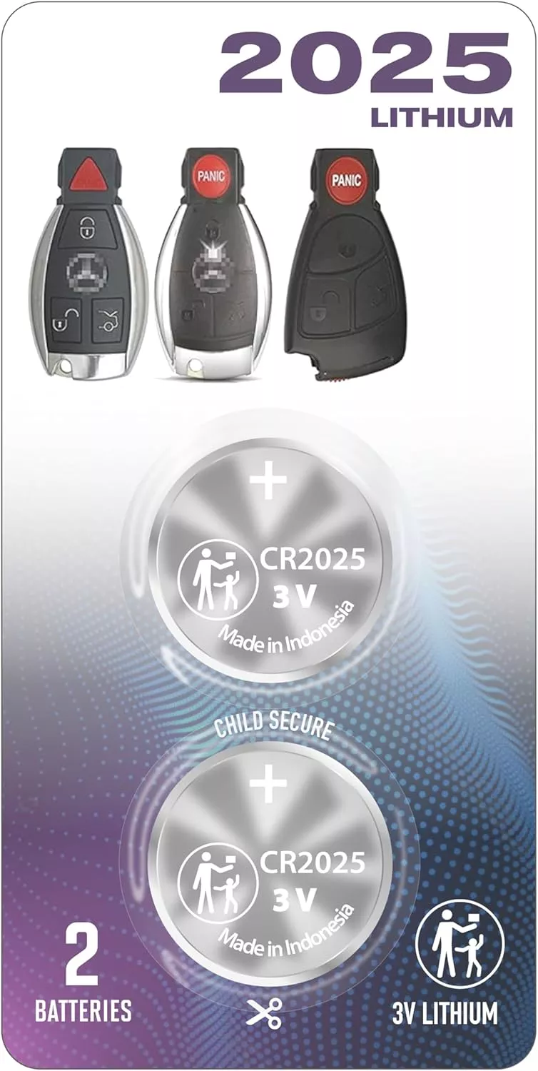 (2 Pack) CR2025 2025 Remote Key FOB Battery OEM Replacement for Mercedes Benz Accessories MB 1995-2015 IYZ-3312 IYZ3312 IYZDC and P/N’s: 5WK47283 20490562029999 20490511049999 (Fits 2, 3 or 4 Button)