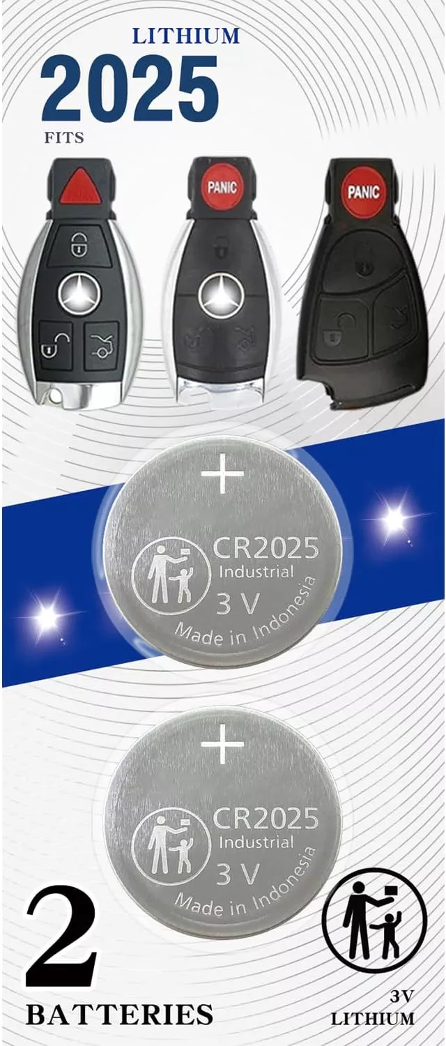 (2 Pack) CR2025 Key Fob Replacement Batteries for Mercedes-Benz (C-Class E-Class ML S-Class Sprinter GLC GL CLA CLK GLE GLA SLK SL CLS GLS R C300 E350 ML350 C280) Smart Remote Key(Check Fitment Guide)