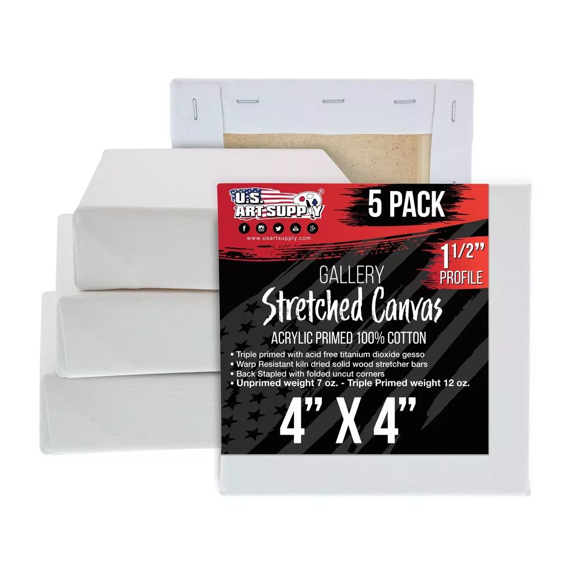5-Pack Bulk Stretched Canvas for Painting 4 x 4 inch, Gallery Depth 1-1/2" Profile - 12oz Acrylic Gesso Triple Primed, Professional Artist Quality, 100% Cotton - Oil, Pouring Paint